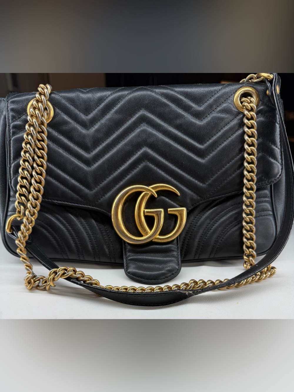 Gucci Black Quilted Leather Shoulder Bag with Gold GG Hardware